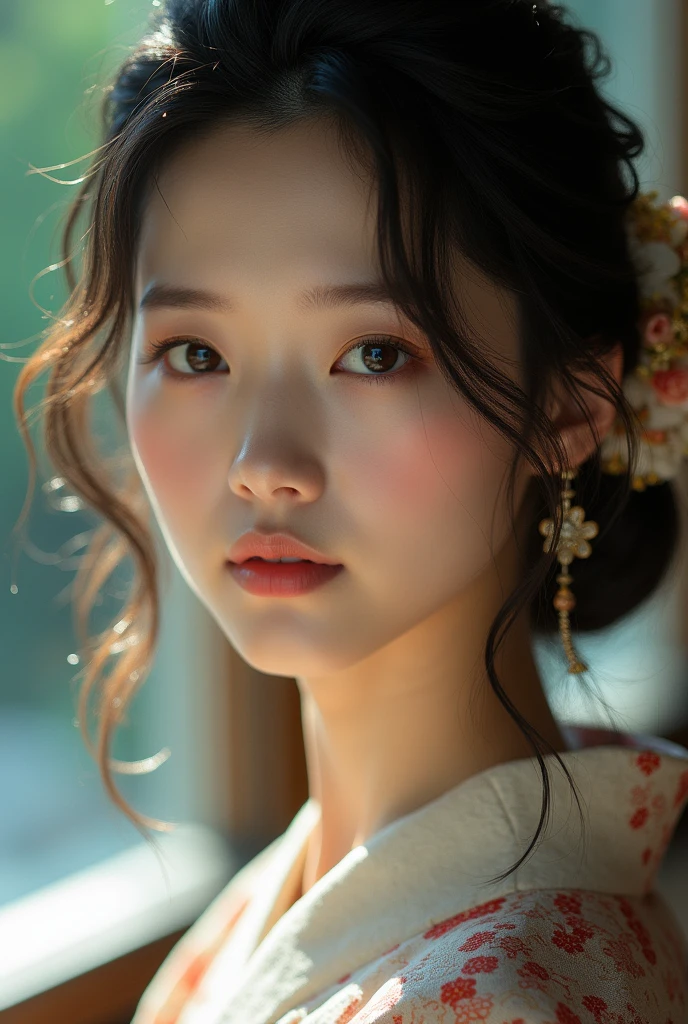 An elegantly dressed Japanese woman in natural light、A close-up of her chest and calm expression.、It shows her inner peace and outer charm.。
