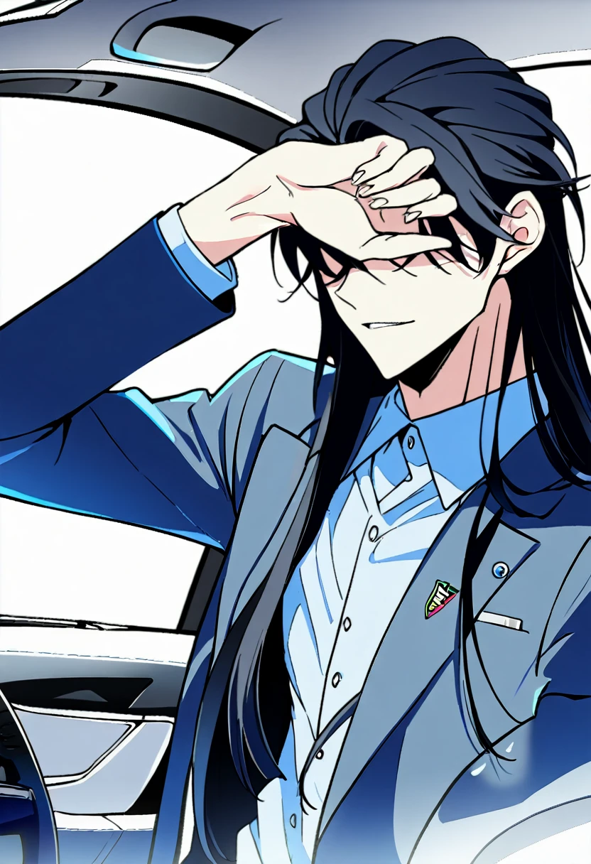 1 man,A man with long hair covering his eyes,Student uniform,black hair,Sit in the car next to the driver.,Handsome and slender