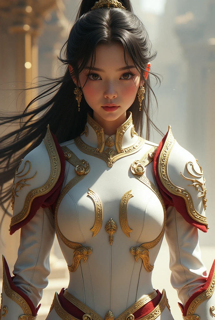 Front_view, Masterpiece, Best quality, Realistic, Raw photo, (1 girl, looking at looker), Long hair, White armor, Intricate armor, Delicate gold and black line pattern, Intricate pattern, Red metal parts, Detail part, Dynamic pose, Detailed background, Dynamic light, Thai art pattern. ทำท่าสวัสดี ของประเทศไทย อยู่ในห้องเรียน