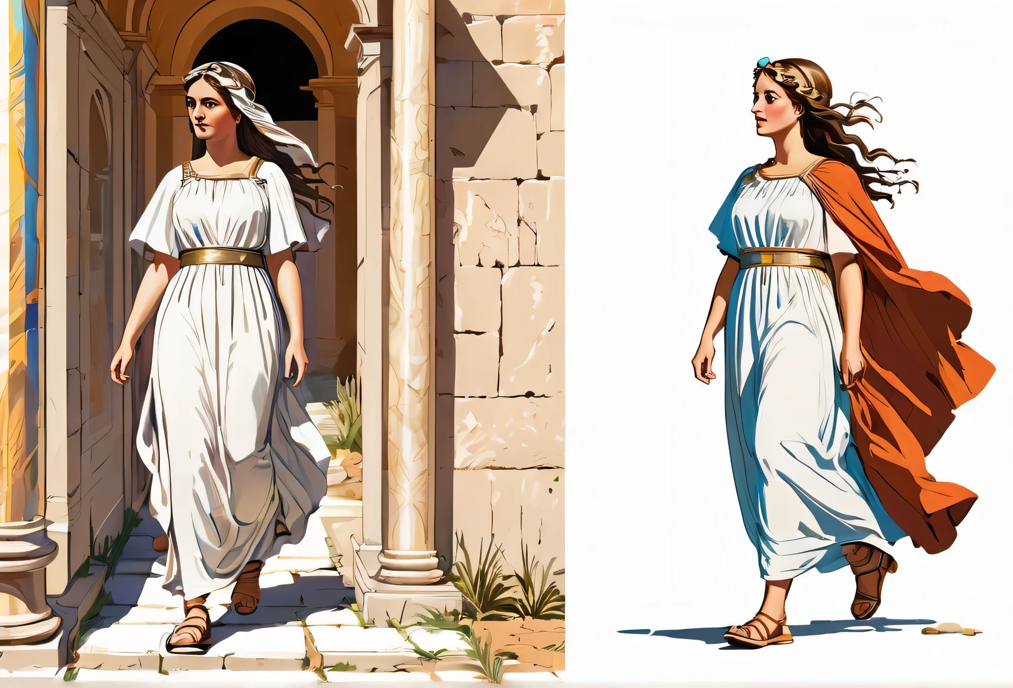 bible story, Hannah walking, Ancient Rome, character design. Front view and side view. White background
(masterpiece best quality:1.2) delicate illustration ultra-detailed, illustrations, bright, colourful,