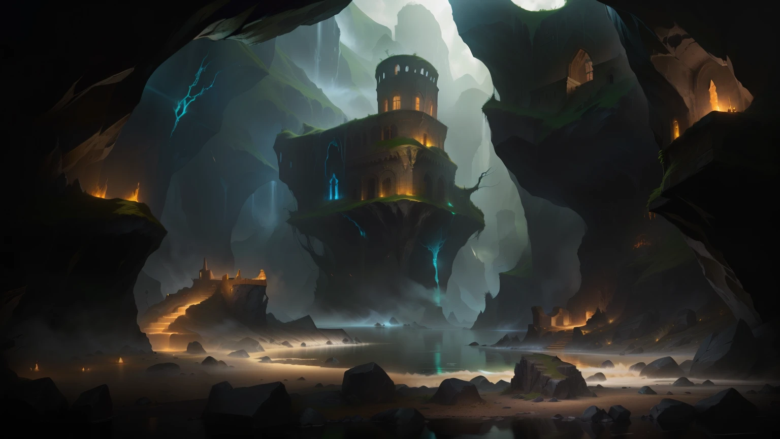 There is a ruined castle in the middle of the cave，（Dragon's Den：1），There is a river next to it, Elf Building,  Height Rendering, 4K ，Diablo concept art，Stylized interface