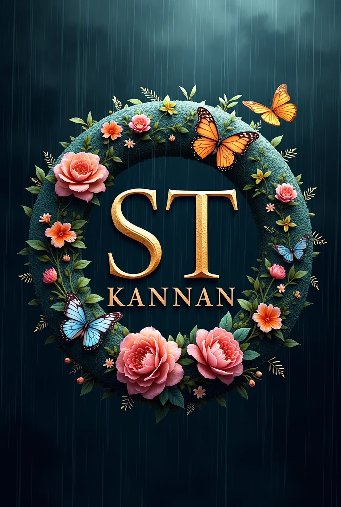 Create Rounded Emblem with Dark background, Heavy rain fall, butterflies, Flowers and alphabet of S T Kannan. 