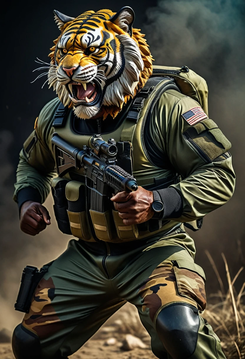 (a dark-skinned bearded fat muscular old man in a bulky army camouflage zipper diver suit) carrying a gun, (wearing realistic roaring tiger mask), dynamic action pose, fierce expression, showcasing an imposing stature, surrounded by military elements, dramatic shadows and intense highlights, cinematic color tones, high detail, powerful, art influenced by Bruce Onobrakpeya and Stanley Artgerm, ultra-detailed, best quality image, action-packed atmosphere. fighting stance, patrolling in field