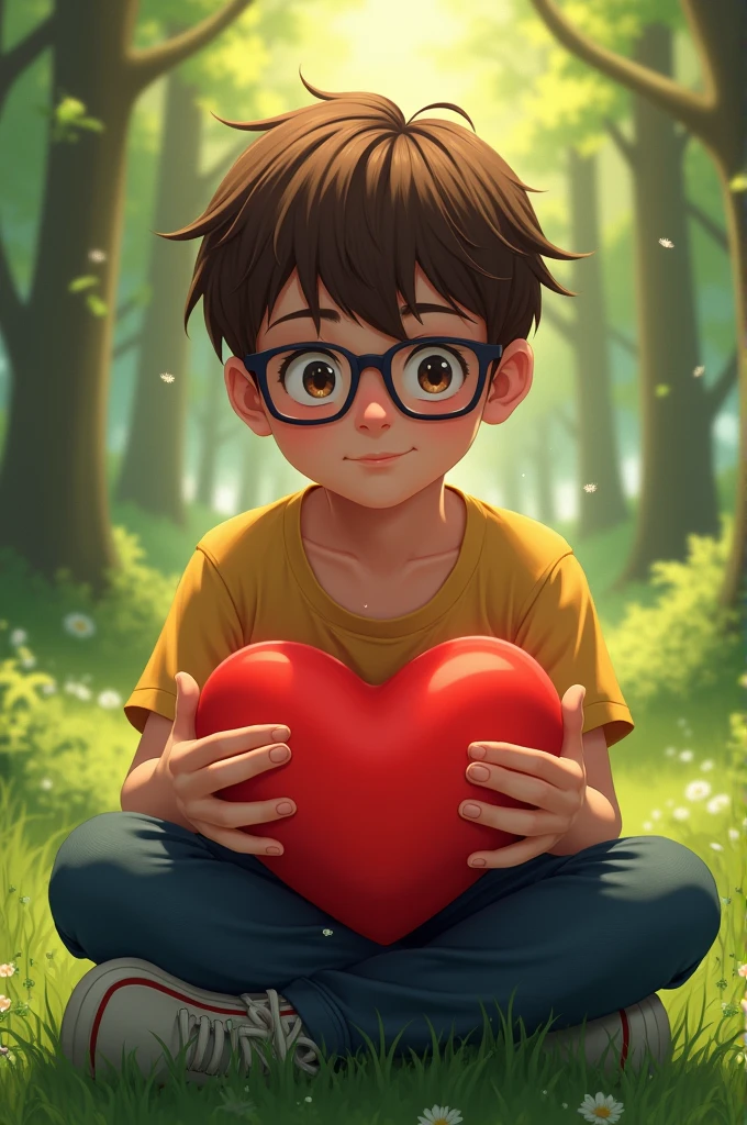 Boy with medium brown dyed hair wearing black glasses sitting on the grass with a red heart in his hands