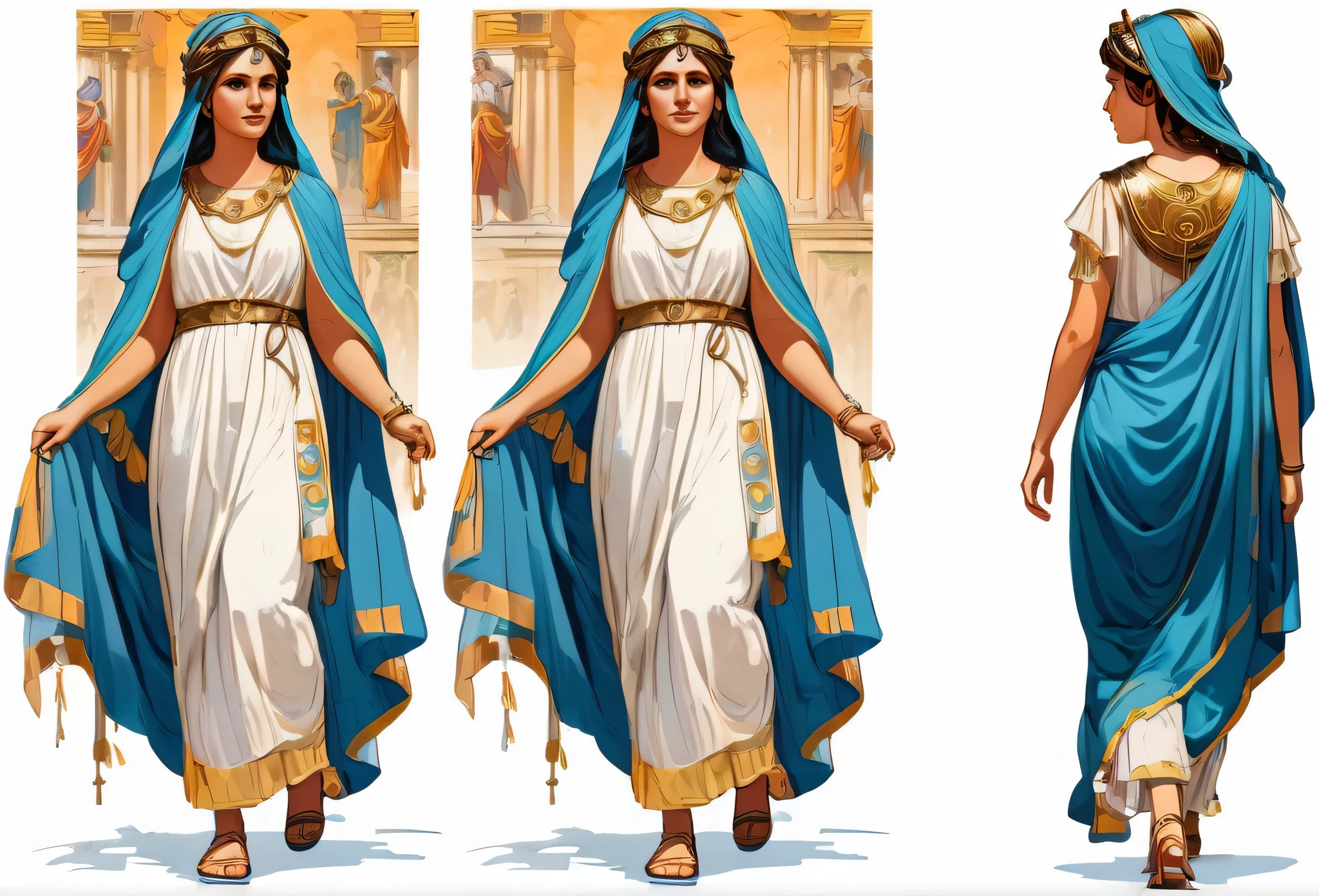 bible story, Hannah walking, Ancient Rome, character design. Front view and side view. White background
(masterpiece best quality:1.2) delicate illustration ultra-detailed, illustrations, bright, colourful,