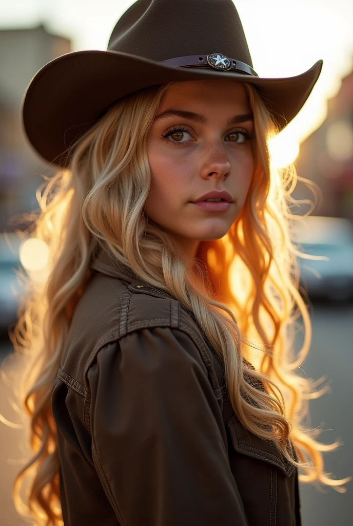 realistic ,girl with blond hair, long hair, brown eyes, in the city, white , 16 year old, American, texas ranger
