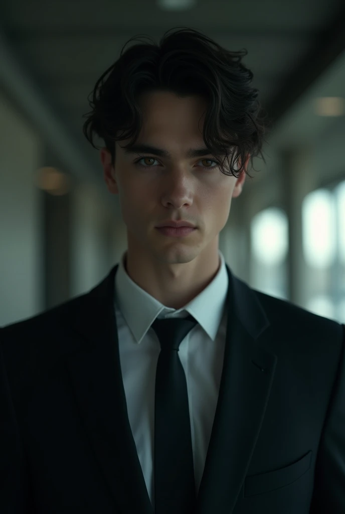 a young man, 20 years old, powerful in a suit and tie, protagonist, dark atmosphere, open environment, beautiful detailed eyes, beautiful detailed lips, extremely detailed face, longeyelashes, cinematic lighting, dramatic, moody, high contrast, sharp focus, hyper-realistic, photorealistic, 8k, intricate details, chiaroscuro, volumetric lighting, cinematic composition, dynamic pose