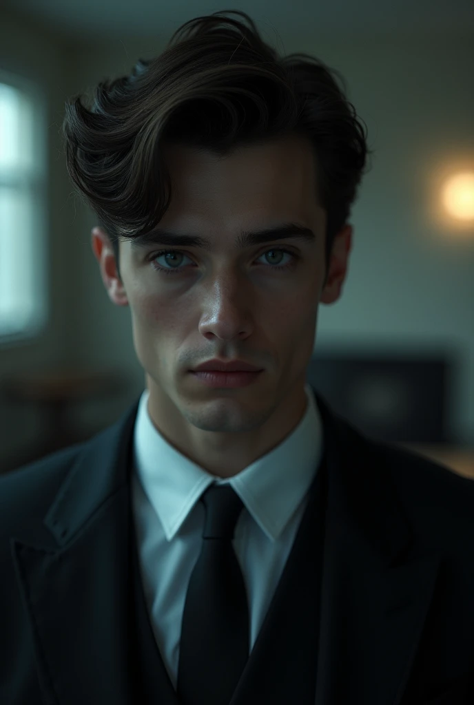 a young man, 20 years old, powerful in a suit and tie, protagonist, dark atmosphere, open environment, beautiful detailed eyes, beautiful detailed lips, extremely detailed face, longeyelashes, cinematic lighting, dramatic, moody, high contrast, sharp focus, hyper-realistic, photorealistic, 8k, intricate details, chiaroscuro, volumetric lighting, cinematic composition, dynamic pose