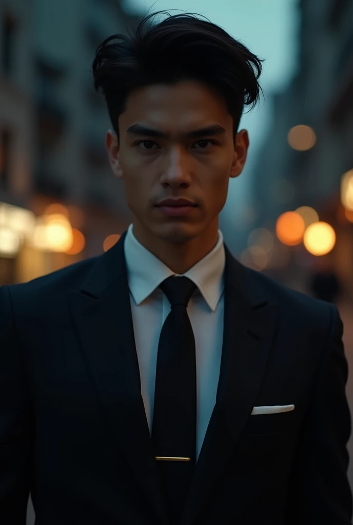 a young man, 20 years old, powerful in a suit and tie, protagonist, dark atmosphere, open environment, beautiful detailed eyes, beautiful detailed lips, extremely detailed face, longeyelashes, cinematic lighting, dramatic, moody, high contrast, sharp focus, hyper-realistic, photorealistic, 8k, intricate details, chiaroscuro, volumetric lighting, cinematic composition, dynamic pose