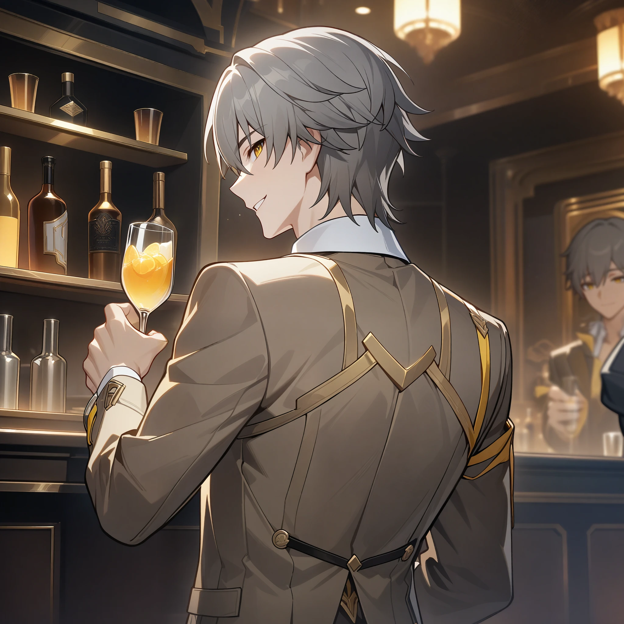 caelus from honkai star rail, 1boy, back turned, over the shoulder, facing camera, holding glass, gold eyes, grey hair, handsome face, formal suit, white collar, simple bronze suit, bar background, upper body, decorative, masterpiece, high quality, hd, 4k, upper body, smiling 