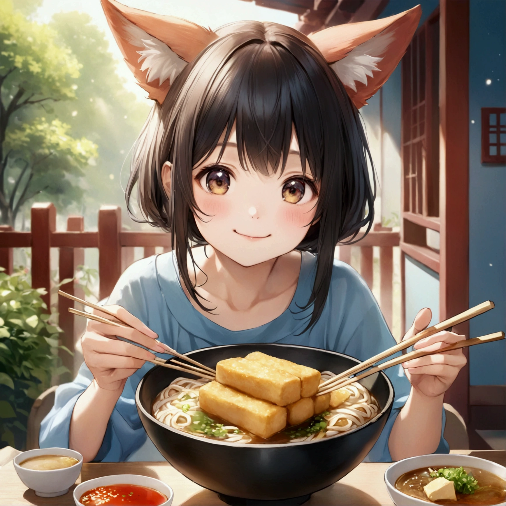One person,Fox-eared girl,Udon、Thin fried tofu、,chopsticks,eat, looks happy、cute、Realistic Anime、