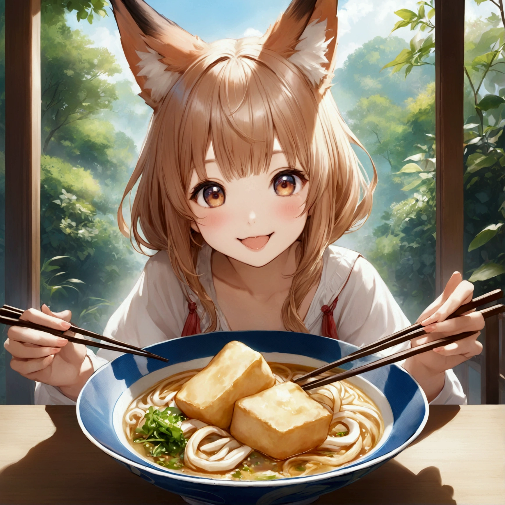 One person,Fox-eared girl,Udon、Thin fried tofu、,chopsticks,eat, looks happy、cute、Realistic Anime、
