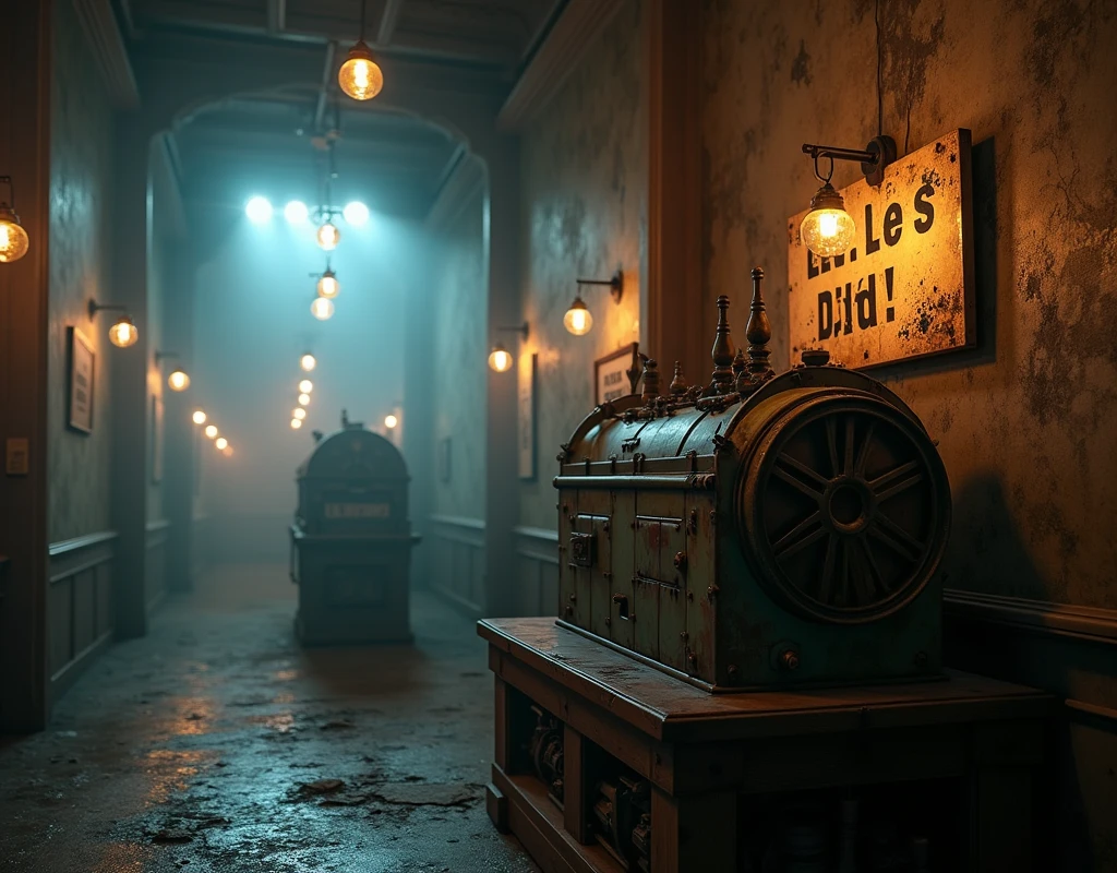 (photo:1.2) of a museum display showcasing a machine to torture men to death solving overpopulation. (A weathered sign pleads "Let's die!" :1.5). Masterpiece, best quality, 8K, photo realistic, wallpaper, wallpaper 8k, photographic contest winner, Hyperrealistic art cinematic film still photography in the style of detailed hyperrealism photoshoot. [Entire scene is surrounded by lights, evoking a magical and eerie atmosphere. The lighting is bright and atmospheric, with smoke adding a touch of sinister ambiance. Best quality image, HDR enhancement, showcasing the utmost level of detail and realism, full body shot:1.5]. [8K, Best Quality, Ultra High Resolution, (highly detailed CG unity 8k wallpaper), (best photo), (best shadows), isometric 3D, octane rendering, ray tracing, highly detailed, (Best quality, 4K, 8k:1.2), absurdity, ultra detailed, (realistic, photorealistic, photorealistic:1.37), complex parts, HDR, (complex parts:1.12), (hyper detailed, hyper realistic, Soft lighting, spicy:1.2), (complex parts, Hyper detailed:1.15). Blurred foreground. (backlit), masterpiece, high quality, brightness, chromatic aberration, foggy smoke, shadows, contrast, clear sky, (warm hue, warm tone), high details, natural reflections].