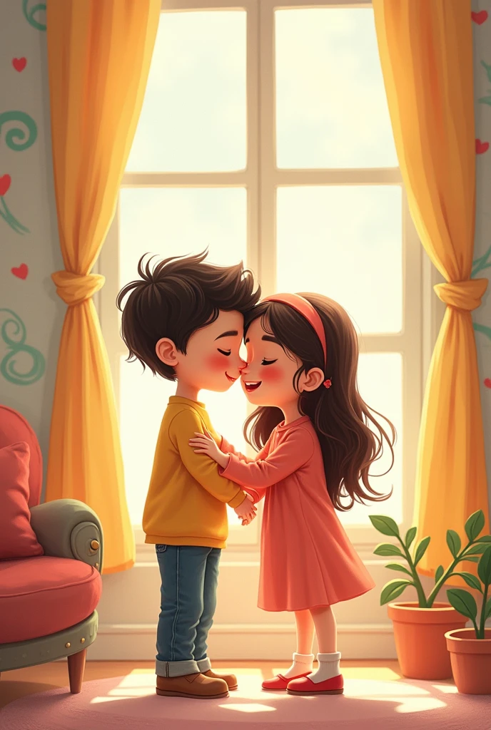  Show a close-up of Ali the young boy comforting Maryam the young girl, emphasizing their friend ship in cartoon form 