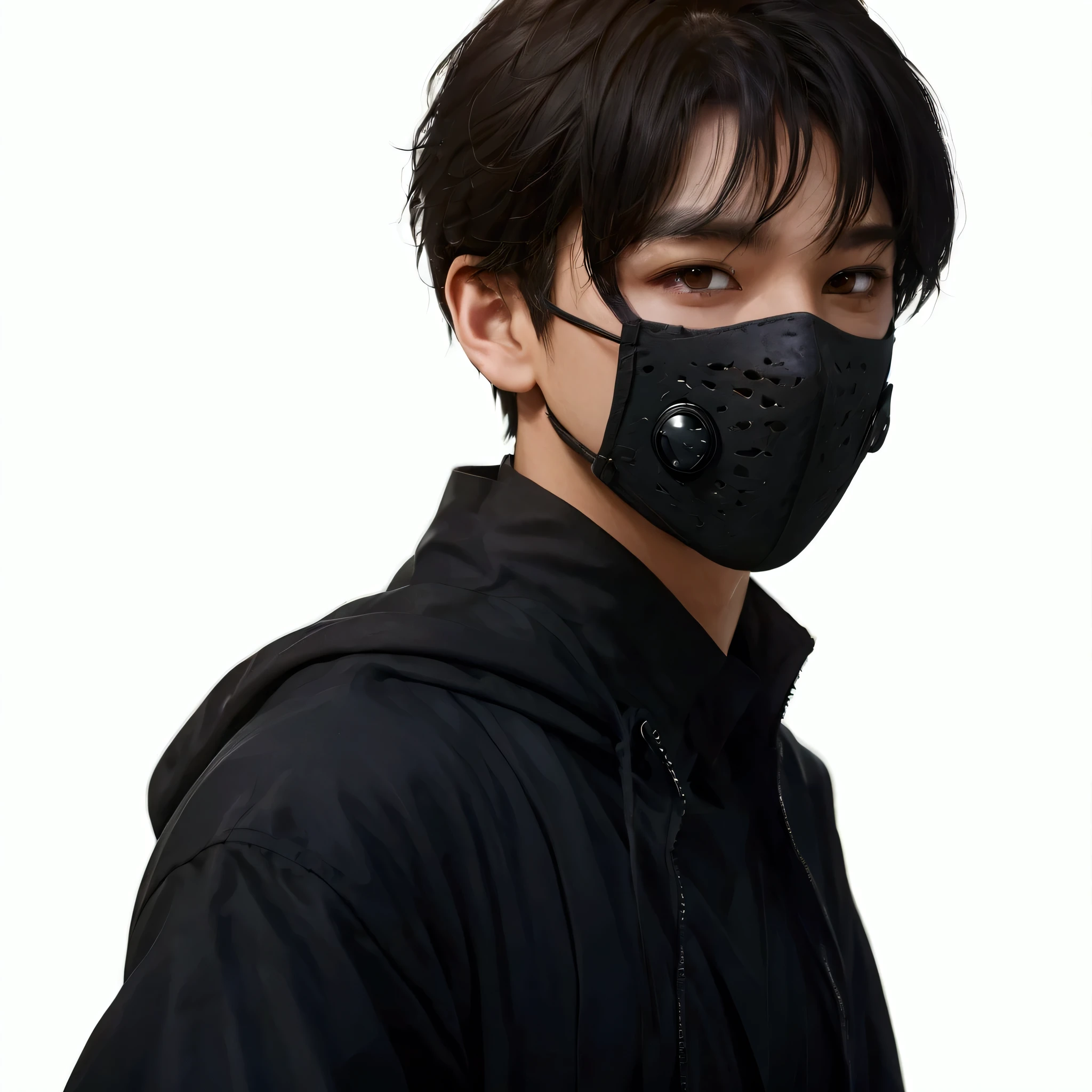 A young handsome man with slightly wavy black hair, partially covering his forehead, wearing a black face mask and black attire. He has expressive dark brown eyes and fair skin, with a neutral or slightly serious expression. The background is plain and white, which highlights his dark outfit and mysterious appearance."