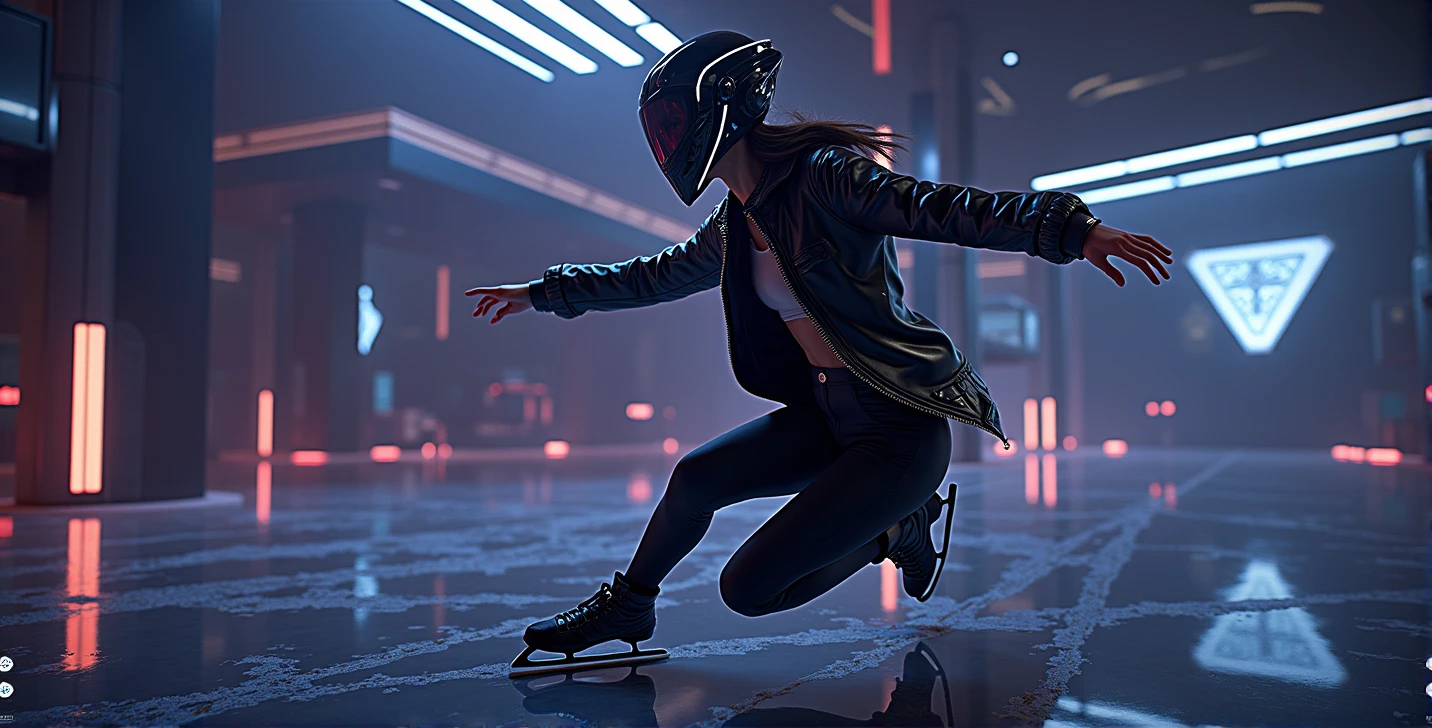 Female ice skater，Wearing a black leather jacket，A futuristic helmet，Glide along the ground