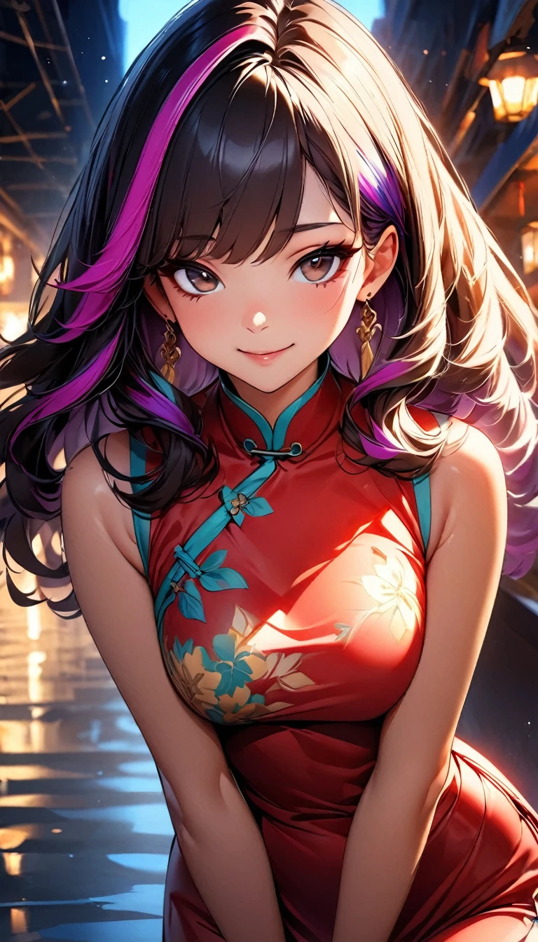 (highest quality:1.2, Very detailed, up to date, Vibrant, Ultra-high resolution, High Contrast, masterpiece:1.2, highest quality, Best aesthetics), Portraiture、girl、((25-years-old:1)), red Cheongsam, loose fit:1, flower print, Beautiful fine details、Bright colors、Beautiful lip detail, long hair、black and purple ((streaked hair:1.6)), highlights hair: 1.5, brown eyes, gold earrings, ((slim body:1.6)), (small breast:0.4), (dark skin:0.5)), holding champagne glass, luxury party venue, smile, (cowboy shot:1), looking viewer