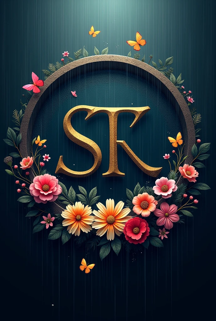 Create Rounded Emblem with Dark background, Heavy rain fall, butterflies, Flowers and alphabet of S T Kannan. 