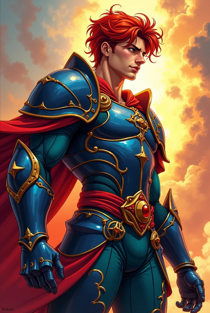 A vibrant illustration drawn by a renowned artist, representing a graphic novel style, with bold lines, kinetic energy, May he be a great and handsome gentleman, with a sexy face and big red hair, with a large armor, let it be very beautiful, with a young face and a younger bet younger with an approximate age of 17 years
