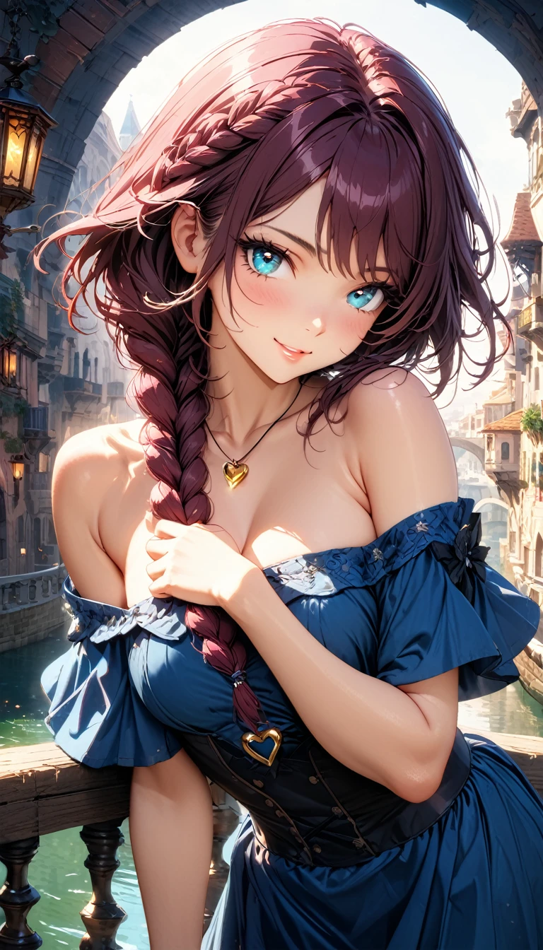 (masterpiece, very aesthetic:1.4), best quality, incredibly absurdres, Accurate, intricate, 8K, stunning, stylized,
ultra-detailed, (incredibly detailed:1.2), simplified details, fine texture,
cinematic, recent, (vibrant:1.2), (clear pictures, clean lines, crisp edges), illustration, (soft lighting:1.2),
cowboy shot,
BREAK
1 beautiful girl, 18yo, small face, beautiful detailed face, narrow waist, The beauty and danger of growing from a girl to an adult, A symbol of miraculous beauty, Graceful posture, sensual, bewitching woman, (cleavage:0.8),
(burgundy hair, a long single braid hair:1.4), smooth hair, asymmetrical bangs,
BREAK
(aqua blue eyes), black oblong pupils, (slant eyes, glass-like sparkling eyes are blurry and dreamy, beautiful detailed eyes, growing eyes, long delicate eyelashes, Meticulous Eyelash Details),
BREAK
(navy blue dress, off shoulder, Strapless dress, Sleeveless:1.3), (black corset), (a tiny heart-shaped golden colored ring pendant:1.4),
BREAK
A fantasy world cityscape, sunny afternoon, A city resembling Venice with canals, (Leaning against the railing of a bridge over a large river), Bright lighting, Beautiful world, Blown by the gentle wind, Soft sunlight that induces afternoon drowsiness,
BREAK
gorgeous lips, natural pink lips, beautiful detailed lips, Glossy,
(seductive smile:1.3), (looking side glance), (left hand on own chest:1.2), perfect eyes,