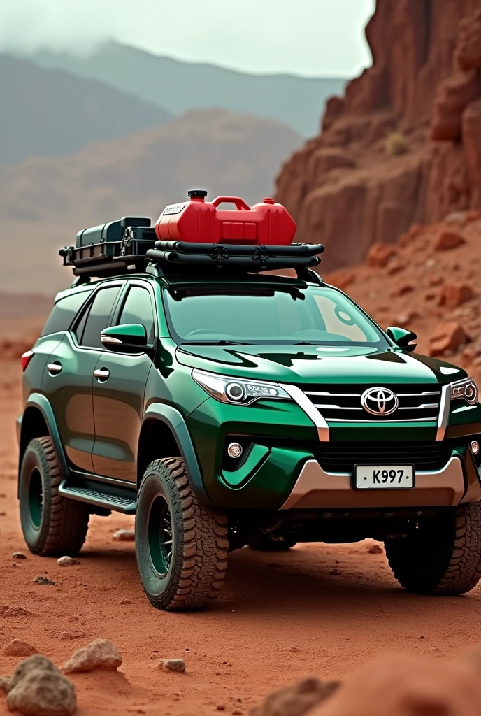 Fortuner car with 5 litre jerry can red colour and car colour british racing green
