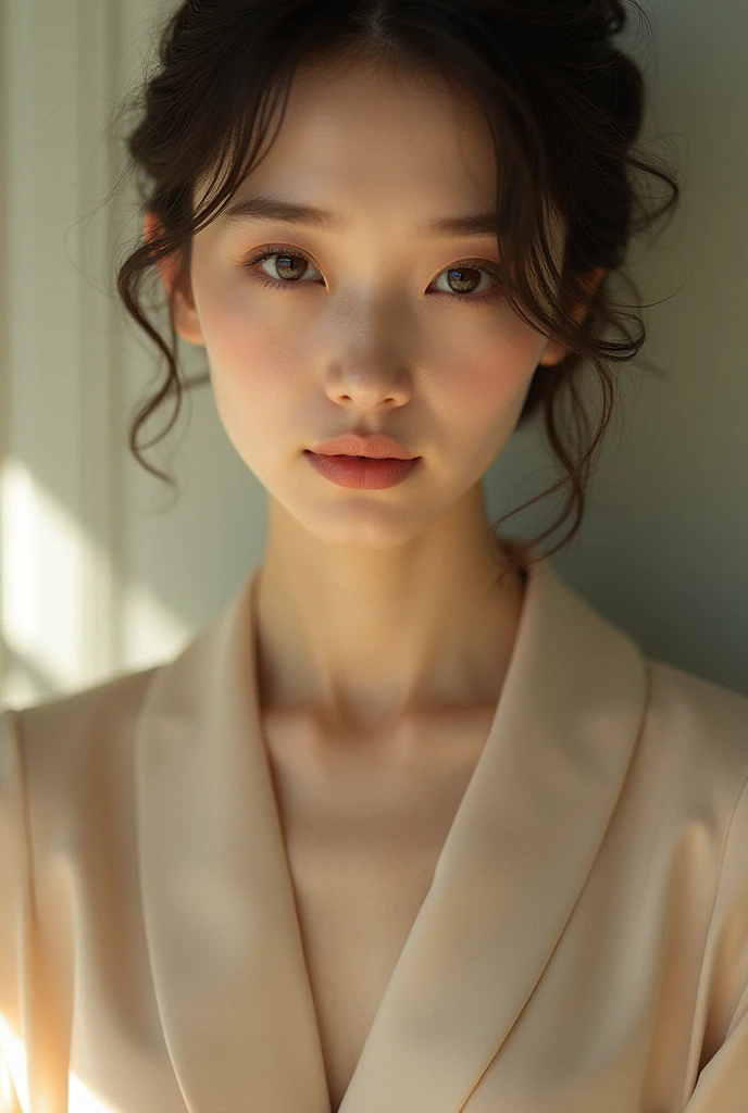 An elegantly dressed Japanese woman in natural light、A close-up of her chest and calm expression.、It shows her inner peace and outer charm.。fullbody,No sleeve,Beautiful Skin