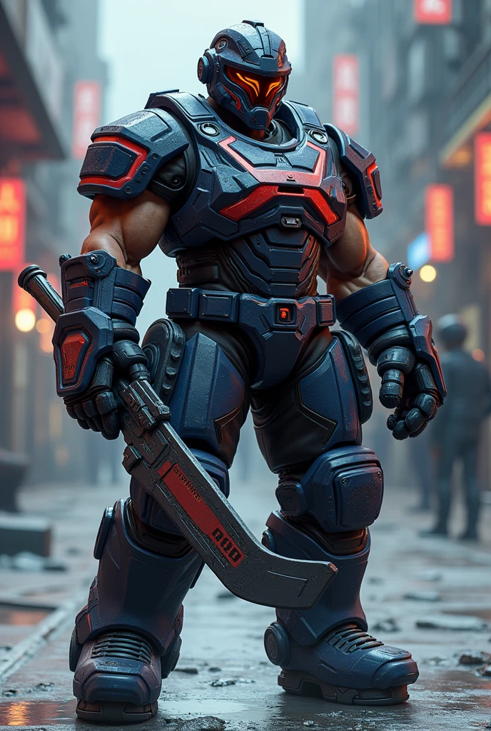 Highly detailed male character of team-based action shooting video game、Job title: Tank、Ice hockey goalkeeper armor、Exquisitely detailed muscular body、Broad shoulders、Thick chest、Developed brachial muscles、Tight waist、Thick thigh muscles、Tactical Helmet、Fierce_Exquisitely detailed masks、Navy blue and wine red color scheme、Futuristic heavy armor、Futuristic Stick、Concept Art、Intricate details、Hyperrealistic、8k、Highest quality、Photorealistic、masterpiece