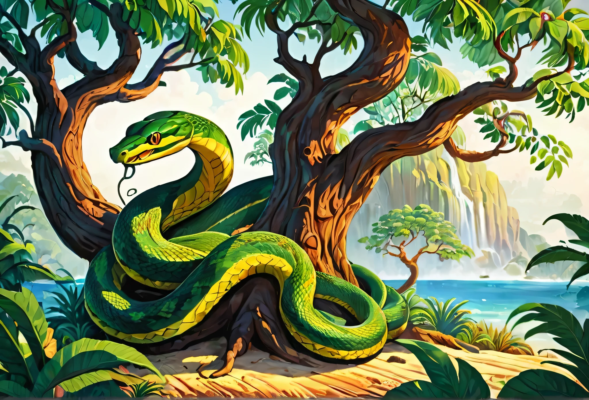 bible story, snake serpent on the forbidden tree, In paradise.
(masterpiece best quality:1.2) delicate illustration ultra-detailed, illustrations, bright, colourful,
