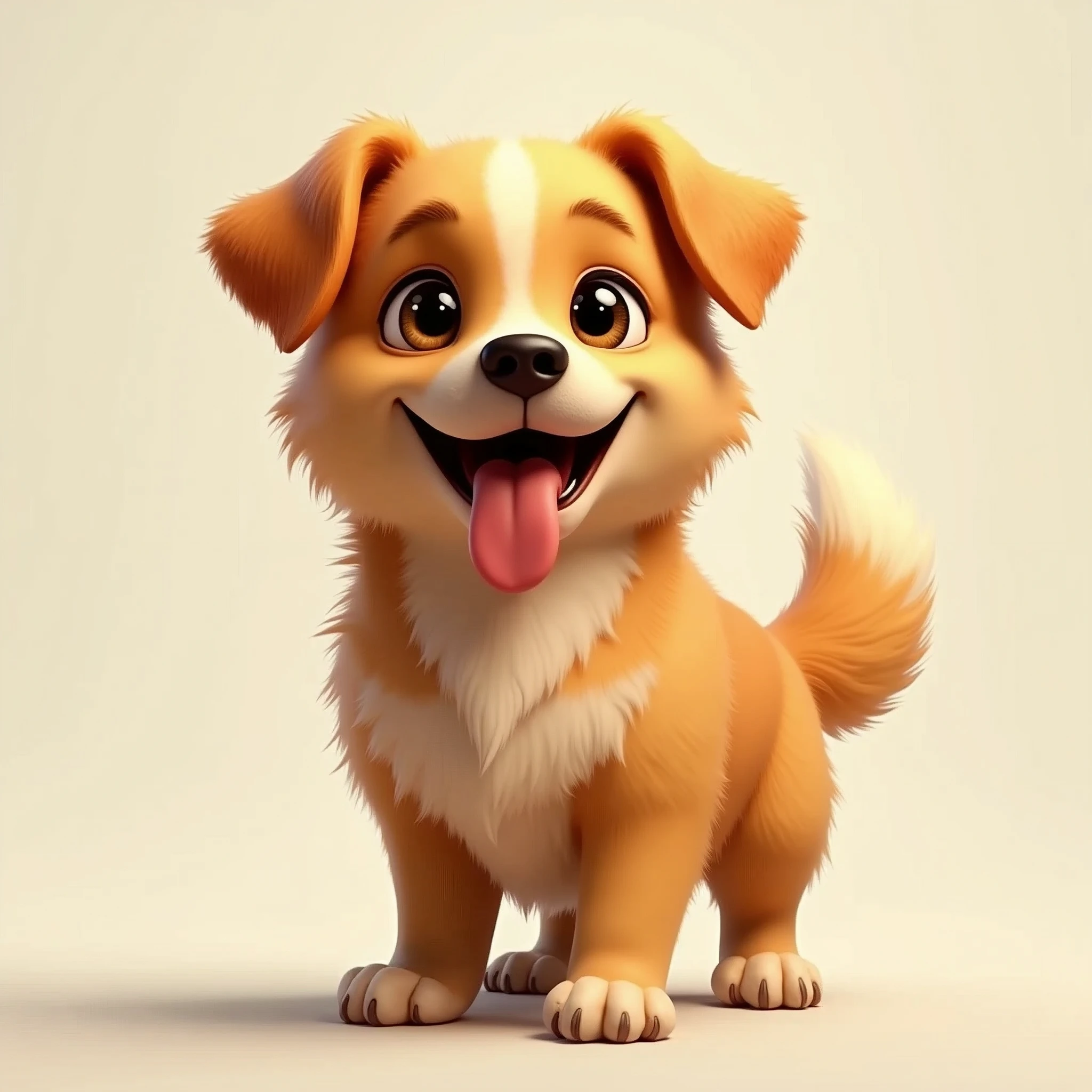 "A medium-sized, friendly-looking dog with a shiny, golden-brown coat. It has expressive, dark eyes and a wagging tail. The dog’s ears are floppy, and it has a playful stance with its tongue out and a happy expression."