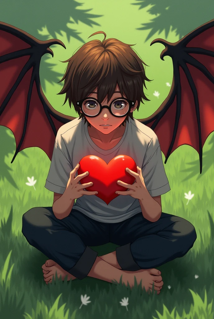 Boy with medium brown dyed hair wearing black glasses sitting on the grass with a red heart in his hands, with demon wings