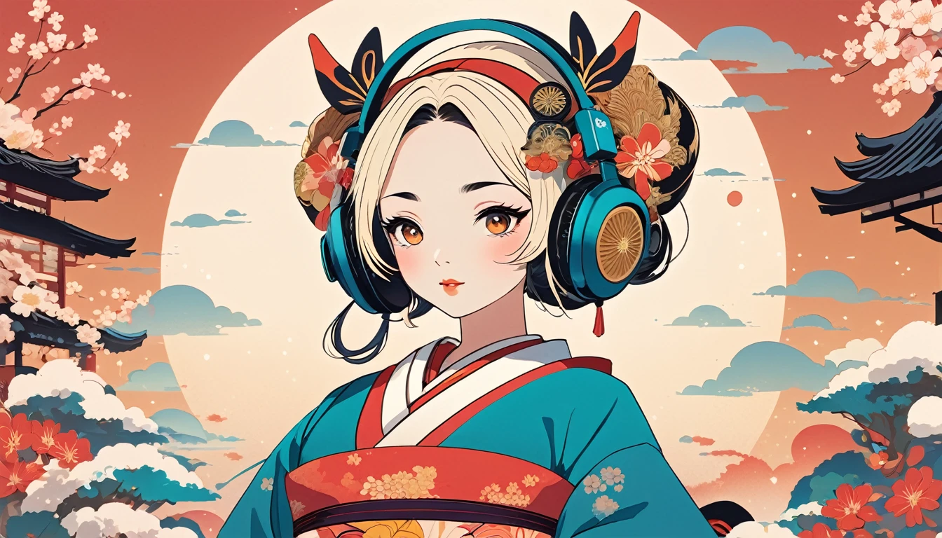 Oiran with Japanese style headphones、Black Hair、fan、Wide-angle lens, Lofi Anime, Lofi illustration, Aesthetic atmosphere, Lo-Fi Style, Vector art, Flat Design, Simple shape, Warm tones, Pleasant atmosphere, Chill, In anime style, Digital drawing, Vector art, Vector logo for t-shirt printing, (Adorable:1.5), (small:1.4), (Playful:1.2), (soft:1.3), (Whimsical:1.1), masterpiece, Highest quality, 8k, Intricate details, grow, Celestial, Mysterious, Picturesque, amazing, Majestic, Magic, Fantasy art, Cover art, dream-like
