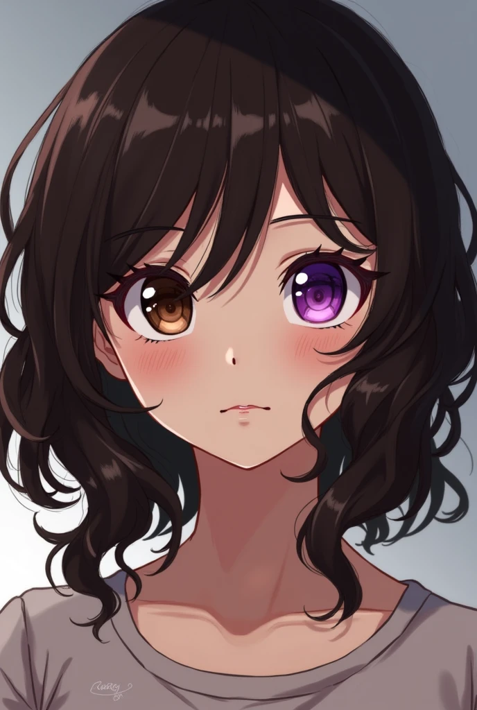 A girl with medium wavy dark brown hair, one brown eye and one purple eye, Moles on the face in the style of Boku no hero academia