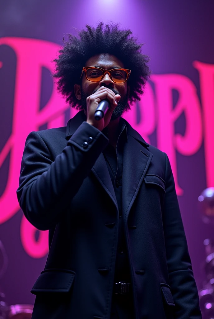 Afro male in a goth trench coat singing music on stage with the Words Tj Purple boldly written on the Background