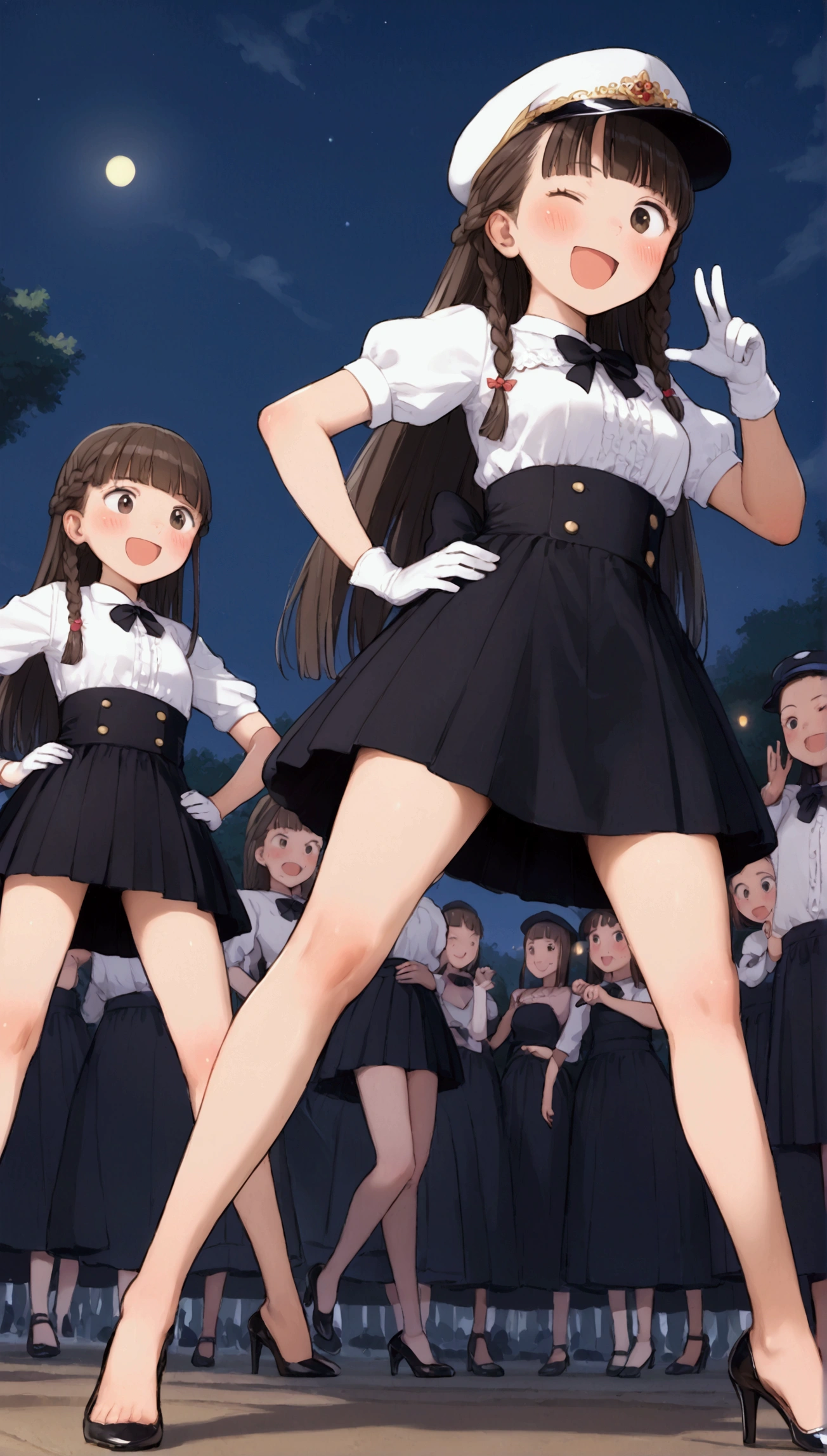 {Highest quality}, {Super beautiful},{Ultra fine},{Best illustration},Brown Hair,Hime cut,long hair,Braid,One woman,Standing Woman,Strike a pose,Adult women,smile,Excited face,bright red face,Wink,Uniform cap,White Shirt,Short sleeve,long black skirt,White gloves,Night Festival,Blushing,Slender,Black stiletto heels,barefoot,From an angle,From below,Put one hand on your hip,Woman with closed legs,blow a kiss with one hand