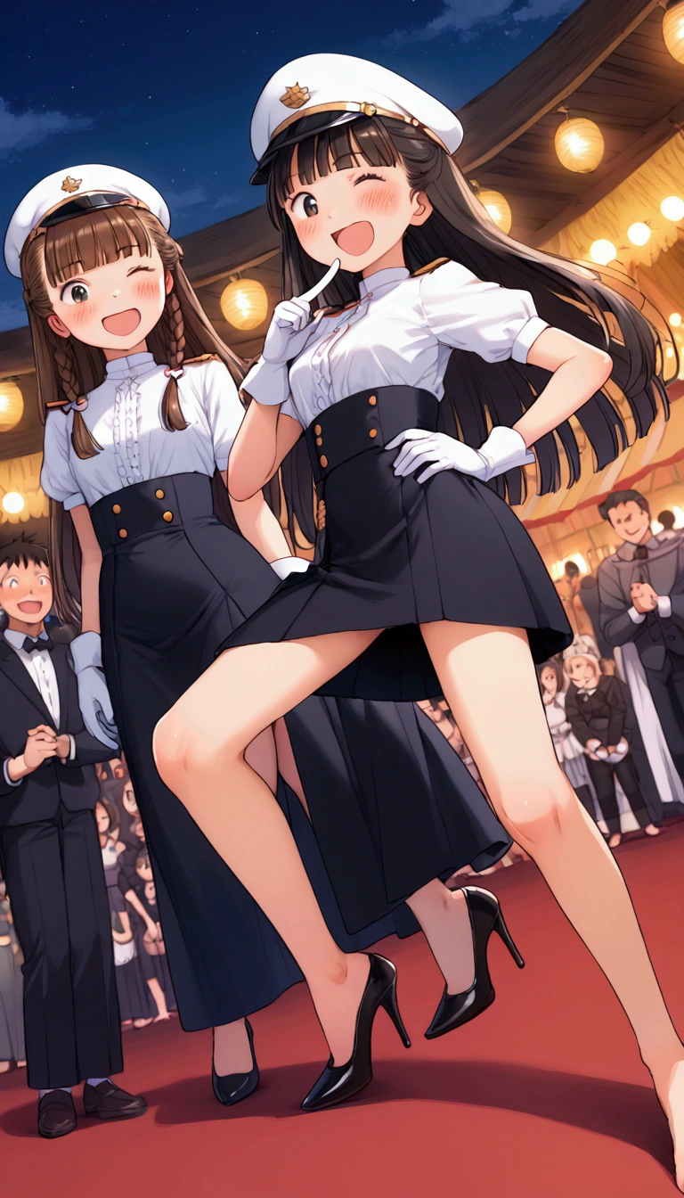 {Highest quality}, {Super beautiful},{Ultra fine},{Best illustration},Brown Hair,Hime cut,long hair,Braid,One woman,Standing Woman,Strike a pose,Adult women,smile,Excited face,Wink,Uniform cap,White Shirt,Short sleeve,long black skirt,White gloves,Night Festival,Blushing,Slender,Black stiletto heels,barefoot,From an angle,From below,Put one hand on your hip,Spread your legs