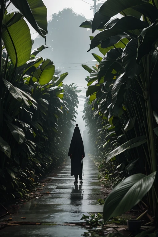 A gloomy night market, with rows of banana trees stacked high, forming strange green walls. The dim lights created mottled shadows on the ground.
The banana leaves spread out like giant arms, covering a large space.
Night fell, and No market became eerily quiet. Only the dark shadows flitted back and forth between the banana rows.
The dim moonlight shone through the banana leaves, creating alternating streaks of light and dark, adding to the mystery of the market.
The drizzle made the air cold and damp. Raindrops fell on the banana leaves.
The dark shadows moved quickly between the banana rows, making people shiver.
The dim spots of light appeared and disappeared suddenly, creating a strange feeling.
Hyper-realistic digital art style, high contrast, dramatic lighting. Cinematic lighting, high detail, 8k, artstation, conceptual art, dark fantasy. Photo taken with Canon EOS R5 85mm f/11 camera, ((sharp)) mode of people and surrounding scenery. Image quality ((8K)), ((realistic)), ((masterpiece)), ((sharpest and highest contrast)), ((excellent depth of field)), ((stereoscopic lighting)), ((Kind, nice)), detailed pores.
