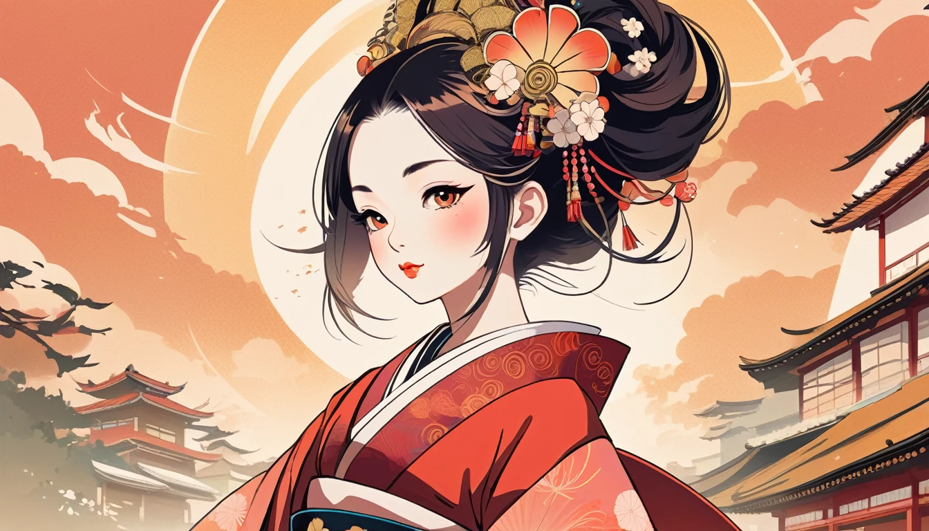 Oiran、fan、Wide-angle lens, Lofi Anime, Lofi illustration, Aesthetic atmosphere, Lo-Fi Style, Vector art, Flat Design, Simple shape, Warm tones, Pleasant atmosphere, Chill, In anime style, Digital drawing, Vector art, Vector logo for t-shirt printing, (Adorable:1.5), (small:1.4), (Playful:1.2), (soft:1.3), (Whimsical:1.1), masterpiece, Highest quality, 8k, Intricate details, grow, Celestial, Mysterious, Picturesque, amazing, Majestic, Magic, Fantasy art, Cover art, dream-like
