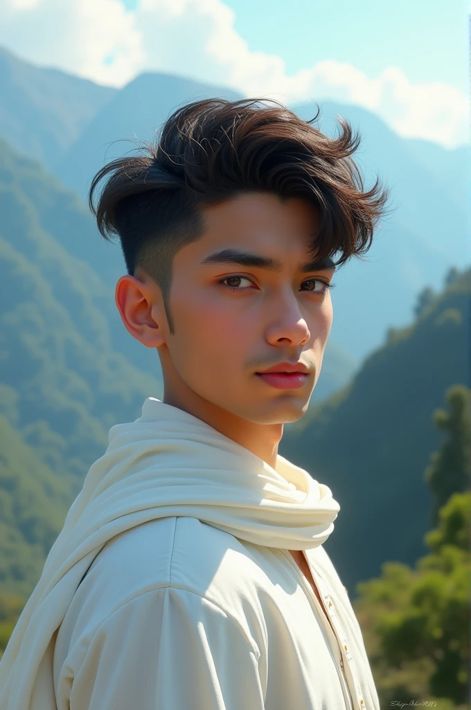 A boy, with white punjabi, flowing white scarf with punjabi, clean shaved, have pinkish dimples, quite tall(6'0), background is jammu kashmir,hair cutting(animal-2023 film, ranbir kapoor 's haircut of "kashmir" song with rashmika mandanna), honey brown expressive eyes with thick eyebrows but not Joined eyebrows. Golden fair skin, rose pink lips,with sharp jawline, calm demeanor