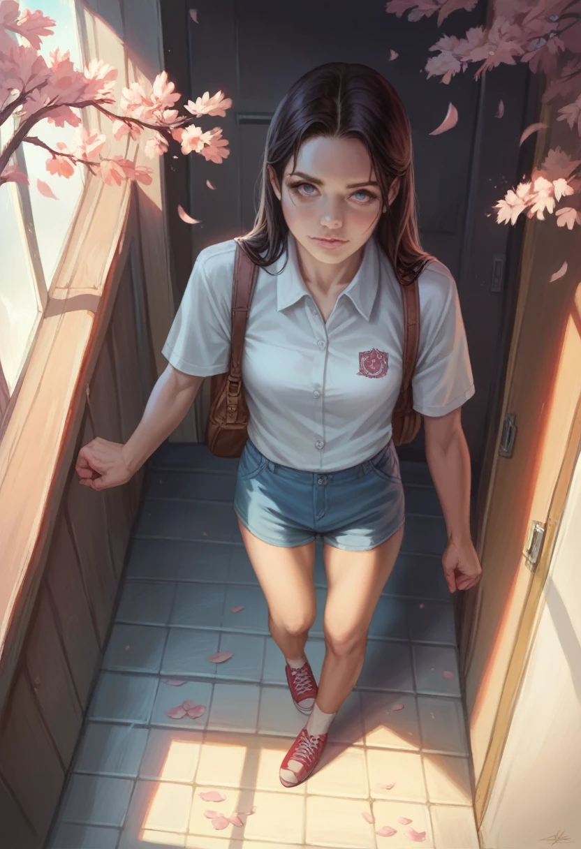 ((masterpiece, Highest quality, Best image quality, High resolution, Realistic, RAW Photos, 8k)), Spring Morning, In the Canadian countryside, Students walk along the cherry blossom-lined street to the station, (View from above:1.3),