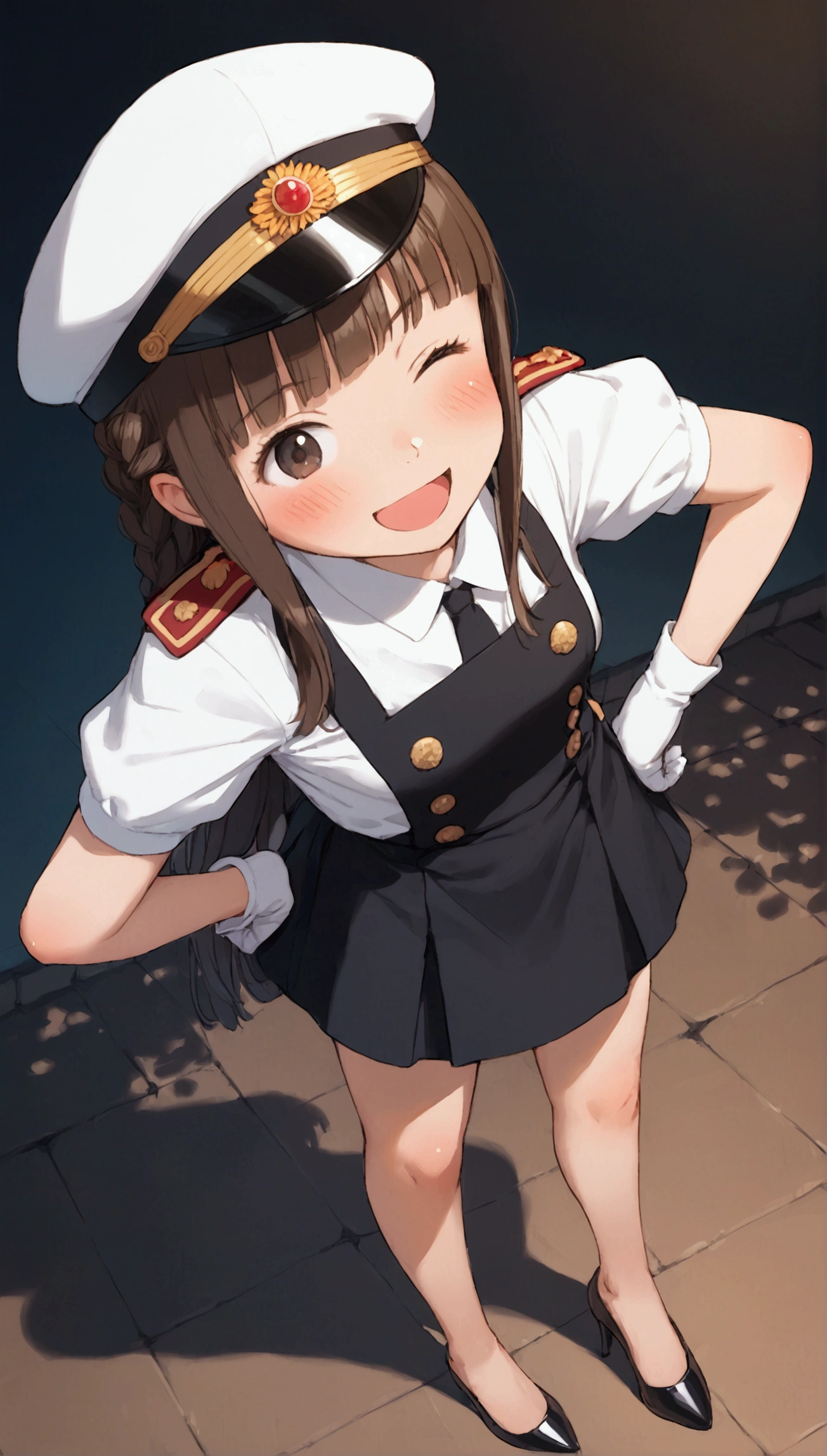 {Highest quality}, {Super beautiful},{Ultra fine},{Best illustration},Brown Hair,Hime cut,long hair,Braid,One woman,Standing Woman,Strike a pose,Adult women,smile,Excited face,Wink,Uniform cap,White Shirt,Short sleeve,long black skirt,White gloves,Night Festival,Blushing,Slender,Black stiletto heels,barefoot,From an angle,From above,Put one hand on your hip,Spread your legs