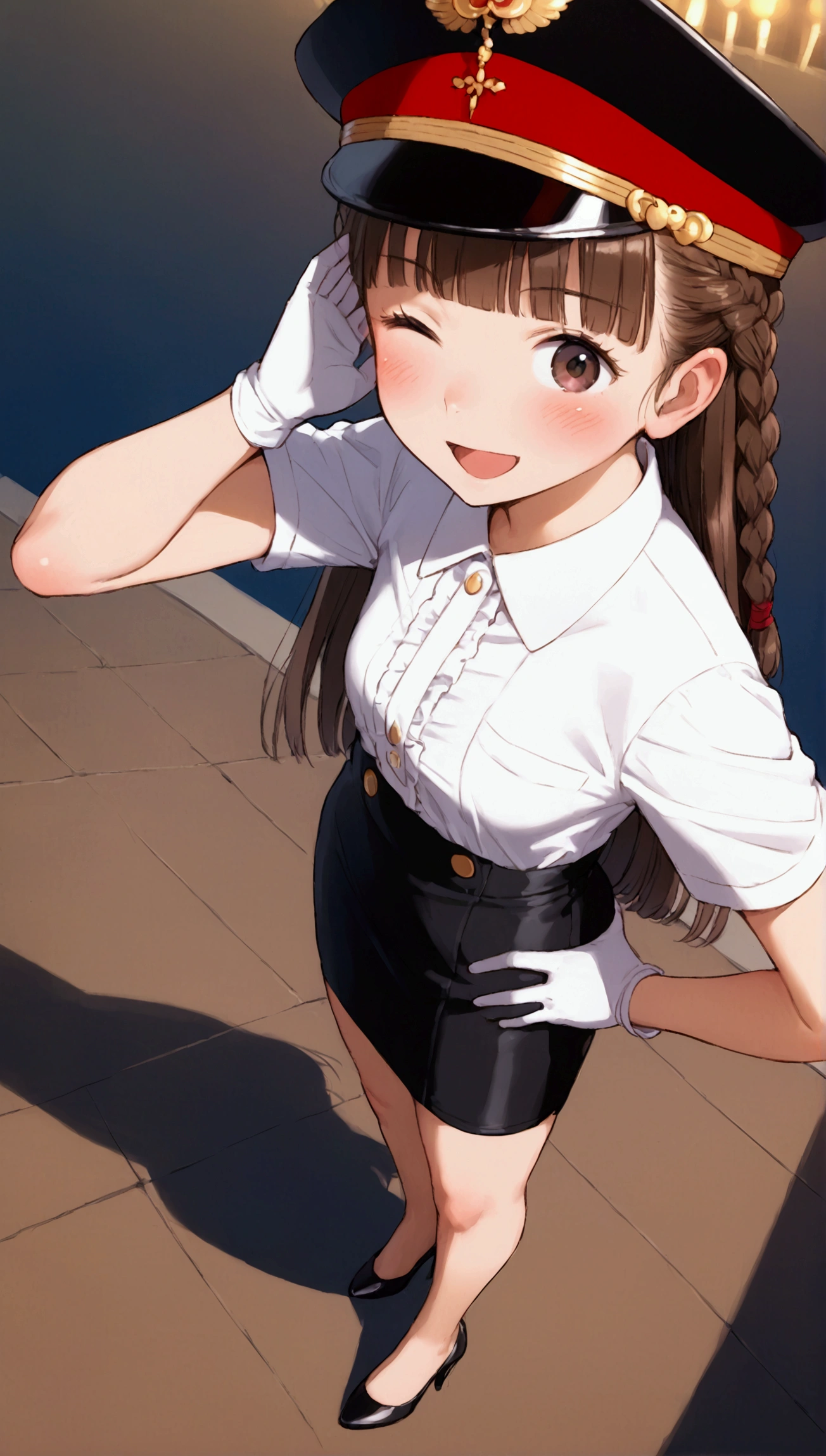 {Highest quality}, {Super beautiful},{Ultra fine},{Best illustration},Brown Hair,Hime cut,long hair,Braid,One woman,Standing Woman,Strike a pose,Adult women,smile,Excited face,Wink,Uniform cap,White Shirt,Short sleeve,long black skirt,White gloves,Night Festival,Blushing,Slender,Black stiletto heels,barefoot,From an angle,From above,Put one hand on your hip,Spread your legs