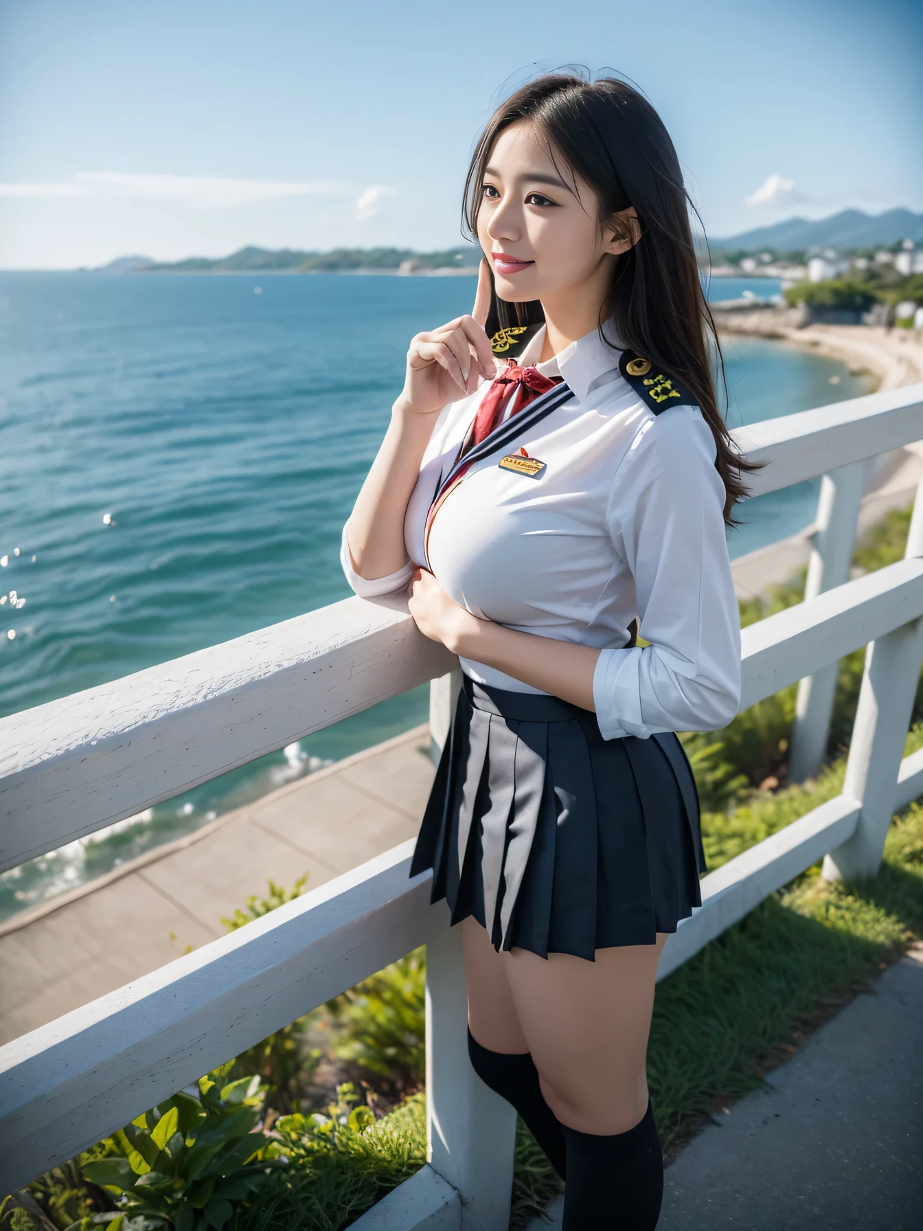 ((One girl)), ((Highest quality)), (Very detailed), (Very detailed CG synthesis 8k wallpaper), Very detailed, High-resolution RAW color photos, Professional photography, Black Hair, Long Hair、Great face and eyes、smile, (((Beautiful big breasts))), (1 stunningly beautiful girl), (((depicted in detail、Realistic finger joints)))、Depth of written boundary、Hands are clearly visible、depicted in detail、Realistic finger joints、Realistic hands and feet、Perfect anatomical detail、The knuckles of the hands and fingers are clearly visible
(((Woman in uniform))), (((Japanese High School Uniform))), White blouse, Pleated skirt, ribbon, Black knee-high socks, Leather shoes, Standing on a hill overlooking the sea, Green grassland, Wide ocean panorama, A pleasant breeze