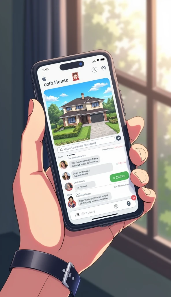 Holding a cell phone in your hand，Screen，There is a picture of a house in the message bar，A lot of chat records，With text：“My house’s market price is 3 million, selling for 1.5 million now, anyone interested add me.”，Japanese anime style