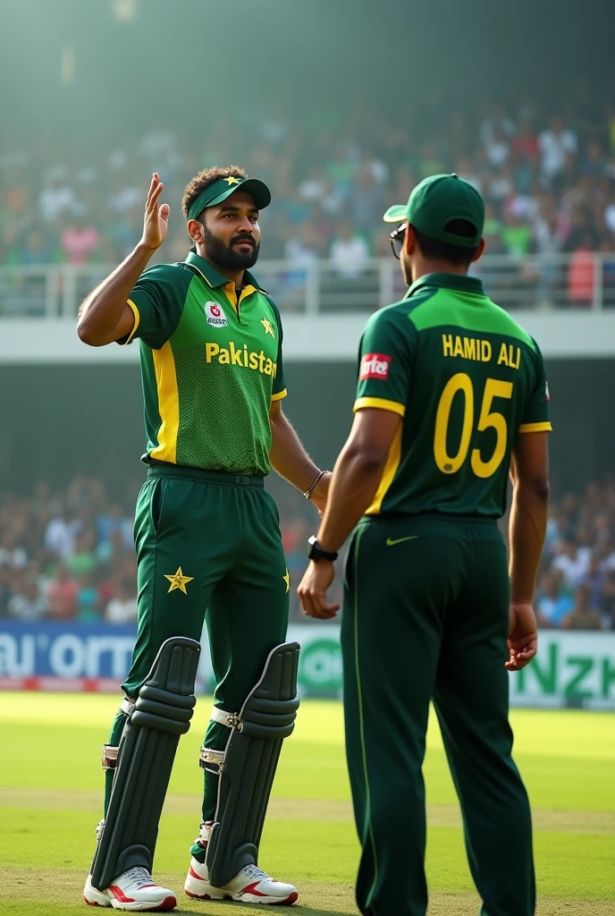 A aggressive fast bowler appealed to umpire standing in cricket stadium wearing a Pakistan Cricket Team shirt with Hamid Ali 05 written on the back of shirt.