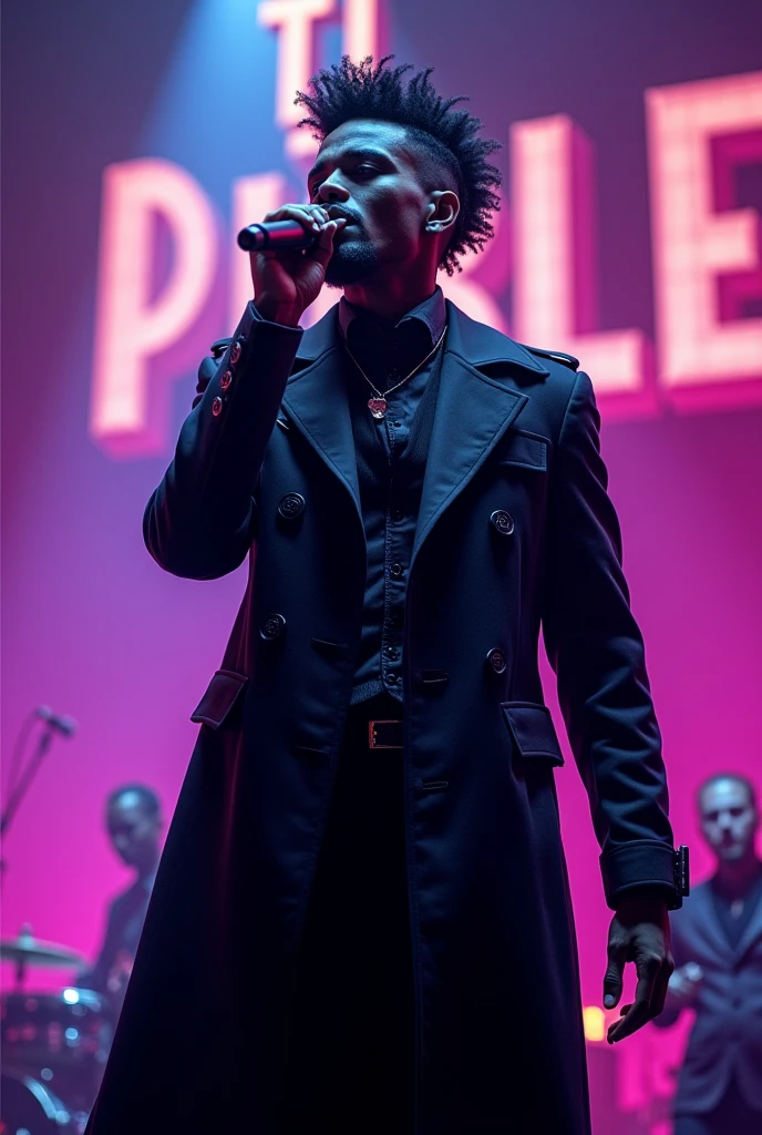 Afro male in a goth trench coat singing music on stage with the Words Tj Purple boldly written on the Background