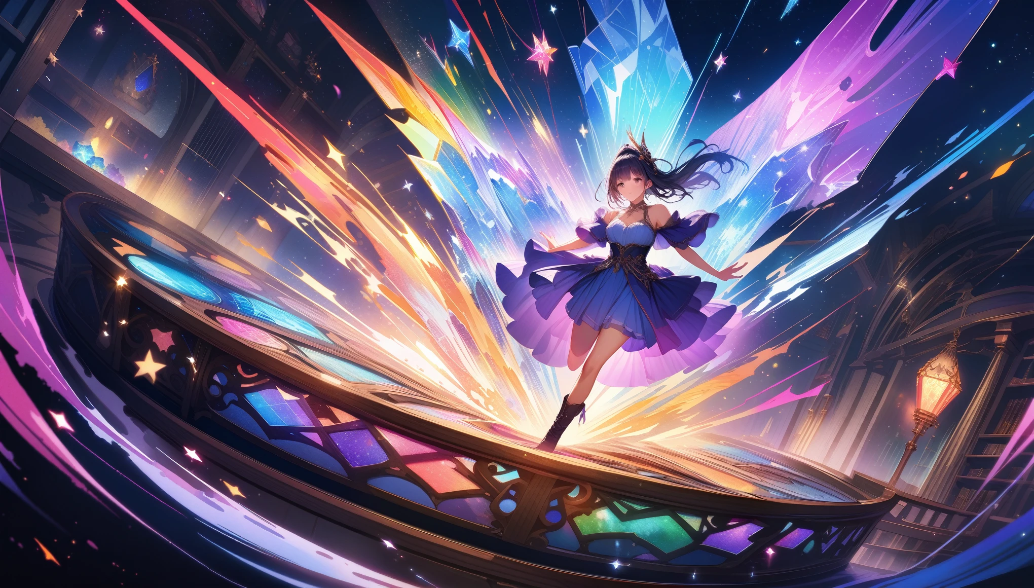 A girl is dancing acrobatically in the starry sky, surrounded by constellations, on black background, white stars and lines forming constellations around her silhouette, light art installation style, high resolution, dreamy effect, fantastic scenery, minimalist design. --ar 3:4 --niji 6, A vibrant, detailed digital painting of an enchanted room filled with magical blue and purple crystal objects, tarot cards, amulets, runes on the walls, shelves, tables, couches, windows, magical artifacts like glowing crystals, ornate wooden furniture. The color scheme is vivid and striking, creating a dreamy atmosphere. colorful illustrations, highly detailed, high resolution, natural lighting, sharp focus, highly detailed illustration, high definition, in the style of octane rendering, hyper realistic. --ar 3:4 --niji 6, ((32k)), ((best quality)), ((ultra high res)), ((HDR)), ((UHD)), ((extremely detailed CG)), ((unity 32k wallpaper)), ((illustration)),
