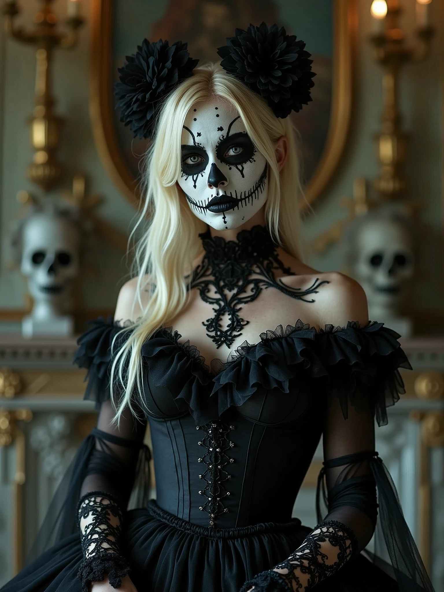 a woman in a black and white wedding dress, baroque dark art, still image from tv series, kumadori makeup, in style of billelis, tarot cards characters, an abandoned rococo salon, banshee, resembling a mix of grimes, portrait skull clown, young blonde woman, character design : : gothic