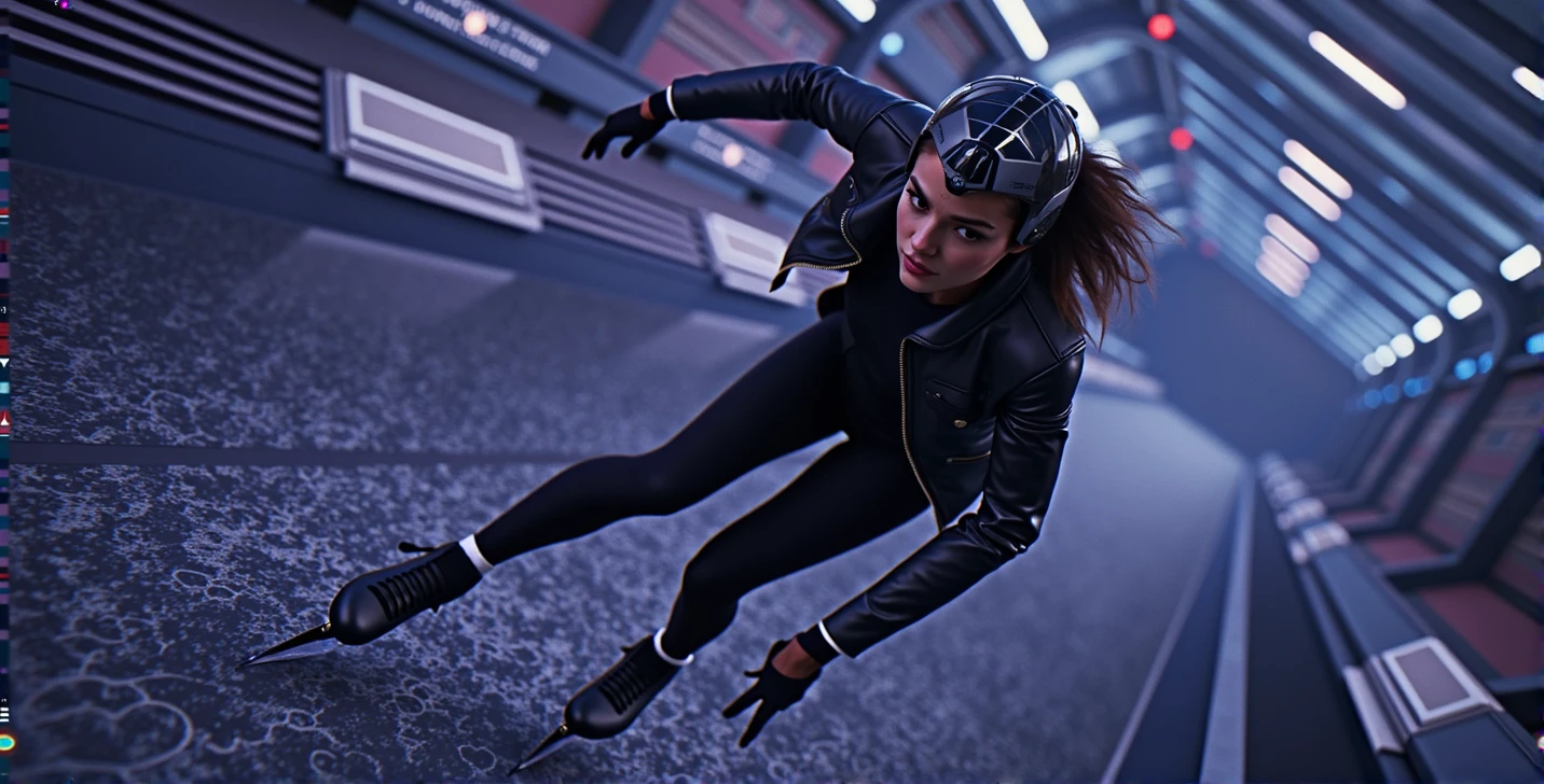 Female ice skater，Wearing a black leather jacket，A futuristic helmet，Glide along the ground
