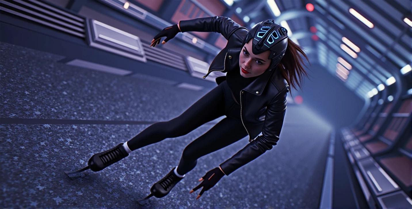 Female ice skater,Wearing a black leather jacket,A futuristic helmet,Glide along the ground