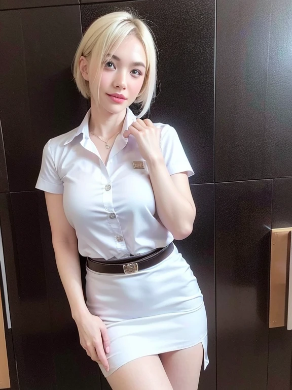 Pretty thai woman blonde short hair , (8k, best quality, masterpiece, ultra highres:1.2) Photo of Pretty thai woman beautiful, beautiful enchanting fashion contemporary painting with , (1girl), (white shirt short sleeves), ((black pencil skirt)), belt , blonde hair , realistic skin texture , round chin, 85 mm art lens, f 1. 2, sharp focus, 8 k high definition, insanely detailed, intricate, elegant, large breasts, big breasts , black skirt 